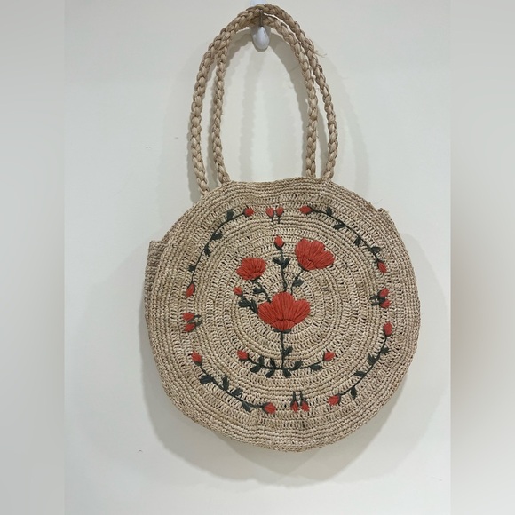 Round Raffia Tote with Floral Embroidery - Picture 1 of 9